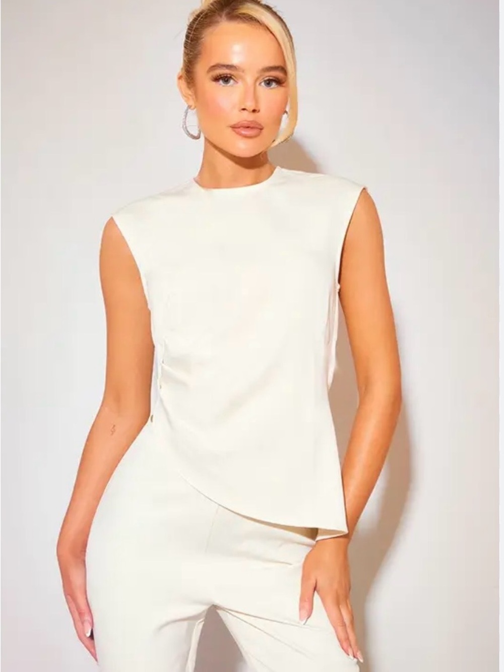 Pastel Blue Tailored Side Ruched Asymmetric Hem Longline Top
